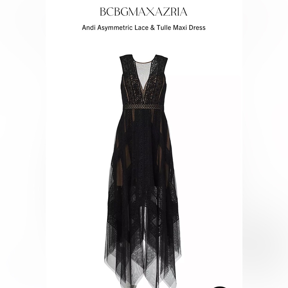 BCBG MAXAZRIA Andi Asymmetric Lace & Tulle Maxi Dress Black and nude sexy prom - Picture 3 of 13